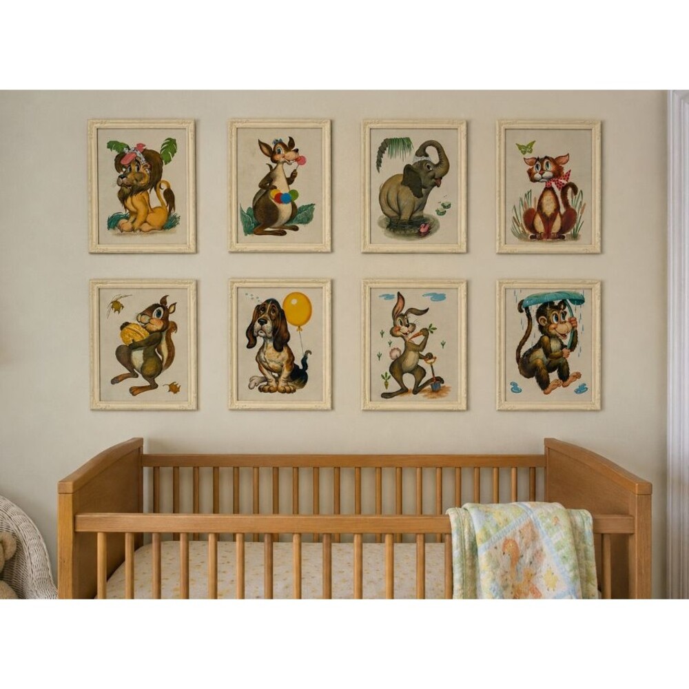 Vintage Nu-Cell Nursery Wall Art Prints 8x10 Cartoon Animals Lot of 8 MCM Kitsch
